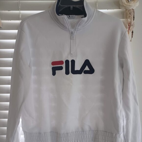 FILA XL White Quarter Zip Sweatshirt Pullover Logo Spell Out Vintage Style Y2K - Picture 1 of 7